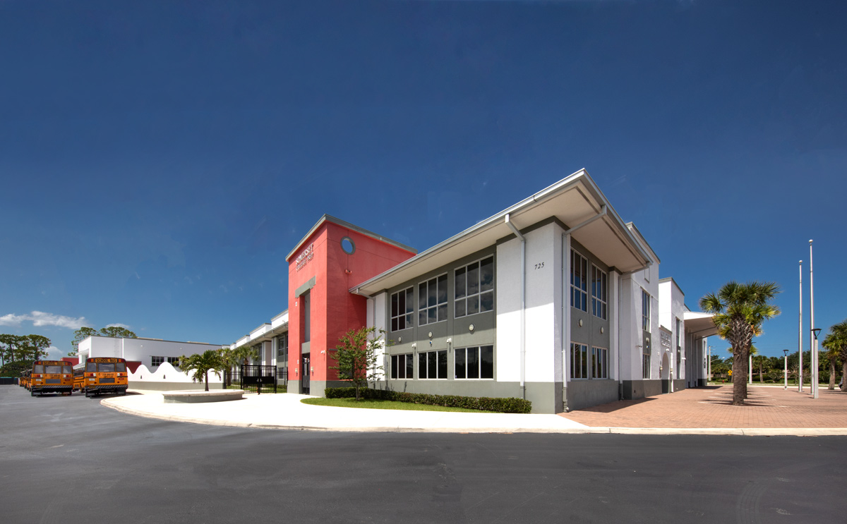 Architectural view of the Somerset Collegiate Preparatory Academy chater high school in Port St Lucie, FL